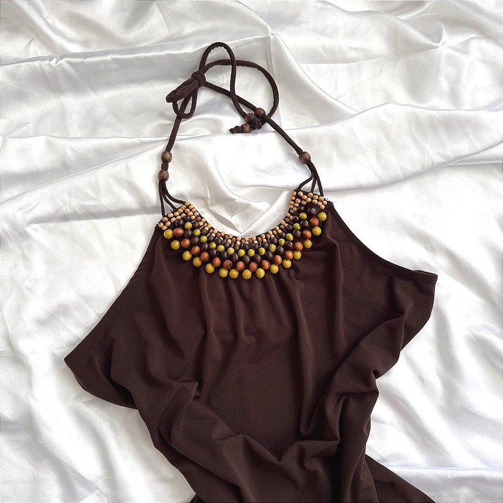 Outback Red Brown Beaded Halter Top Boho Wood Bead Neckline Sleeveless Shirt M